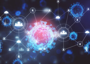 ose-up of virus cells coronavirus 2019-nCov and remote work hologram on screen. Coronavirus helath crisis and remote work concept. 3D Rendering
